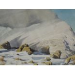 A watercolour, Vivian Pooley, Catstycam in the snow, signed, 13'x20'