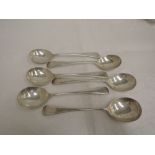 Six silver soup spoons of plain form, Sheffield 1918 Walker & Hall