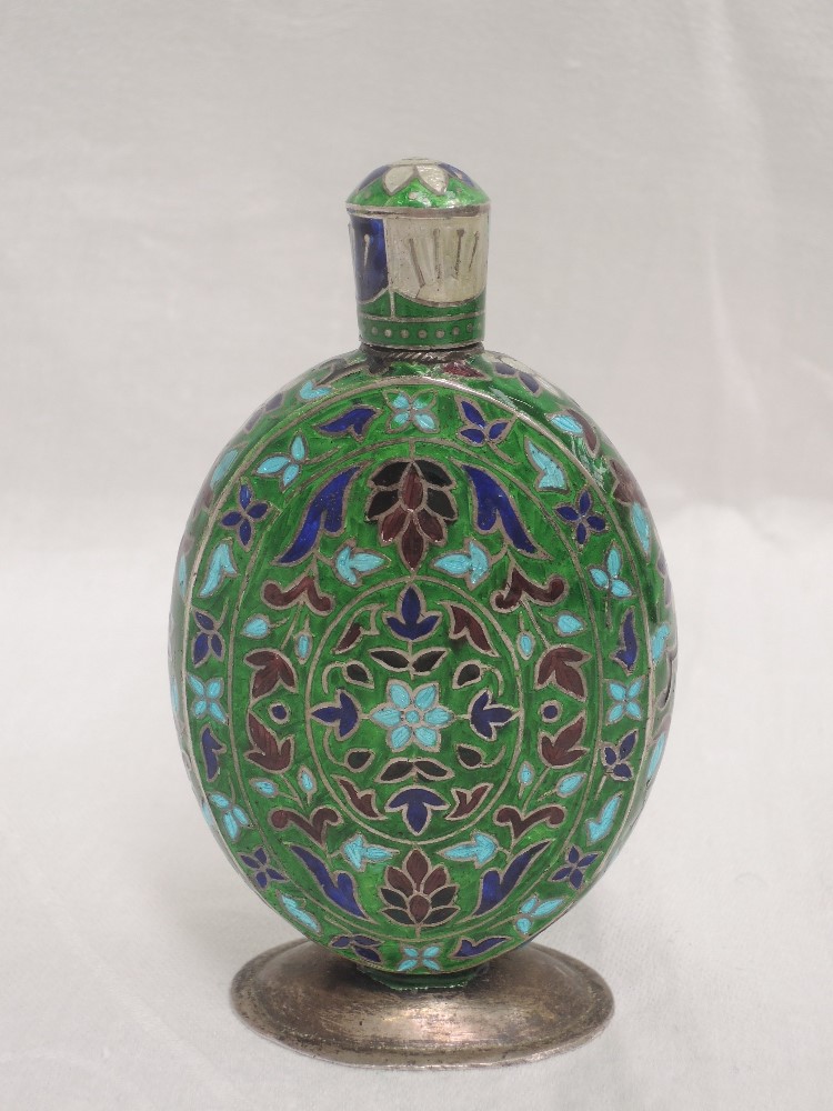 An Oriental white metal scent bottle stamped 925 having screw lid and extensive coloured enamelled