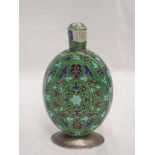 An Oriental white metal scent bottle stamped 925 having screw lid and extensive coloured enamelled