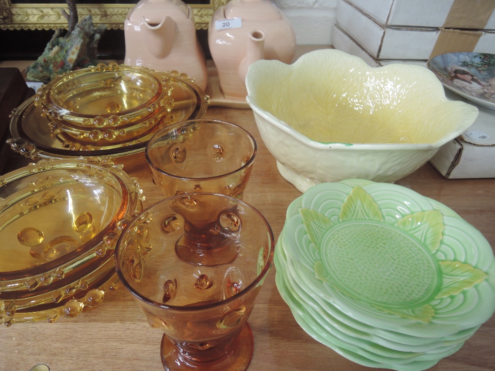 A Falcon ware bowl, a set of Melba ware dishes and amber glass desert dishes