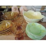 A Falcon ware bowl, a set of Melba ware dishes and amber glass desert dishes