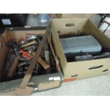 Two boxes of tools including sash clamp, vice and Dremel hand tool etc