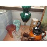 A selection of glass and ceramics including Hornsea Fauna ware jug, West German jug and an art glass