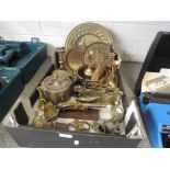 A box of brass ware including candlesticks etc