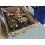 A selection of brass and copper ware including candlesticks, trivets and kettles etc