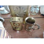 Two modern brass effect mantel clocks and tankard