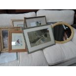 A selection of pictures and mirror , including Russell Flint print