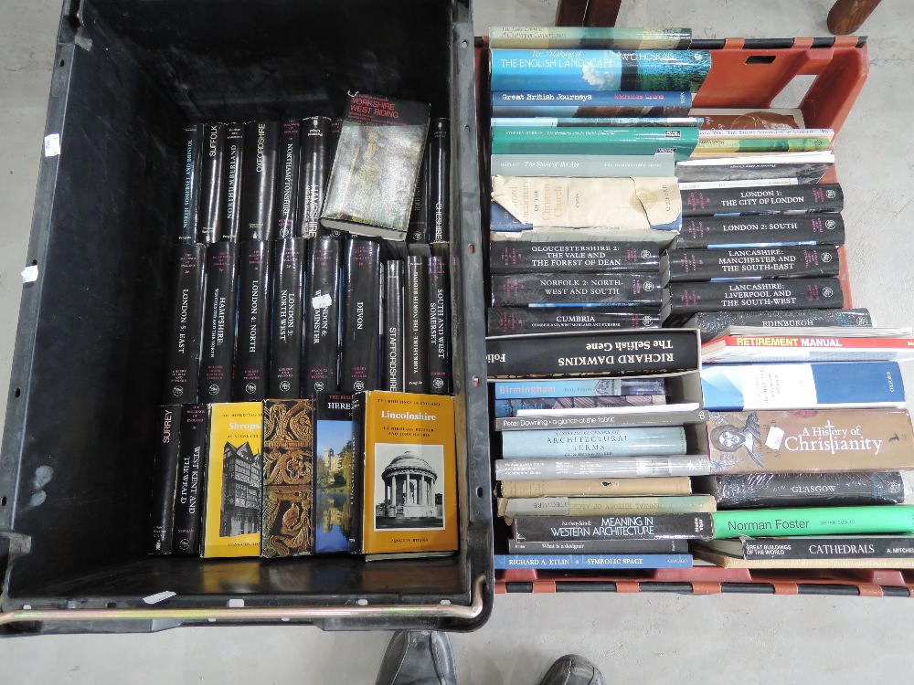 Two boxes containing a large collection of 'The Buildings of England' also Folio Society volume