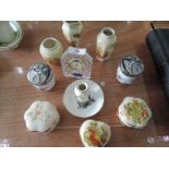 A selection of Royal Worcester Palissy trinket boxes, a Royal Doulton crystal clock etc