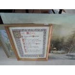 An oil on canvas signed Gunter Seekatz, snow scene, a framed tapestry etc