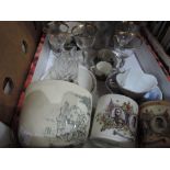 A box of glass and ceramics including coronation ware