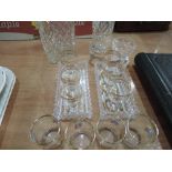 A cut glass decanter, vase and selection of gilt etched liqueur glasses etc