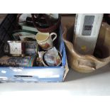A miscellaneous box including Jasperware, buttons, clock,saltglazes pot, radio, Cd's etc