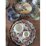 A selection of ceramics including Noritake cake stand, Masons Mandalay, crested ware etc
