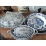 Two blue and white tureens , plates etc