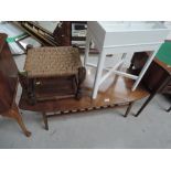 A vintage stained framd and ply coffee tables, footstool and sectional cutlery tray on stand