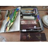 A selection of artists and writing equipment including vintage Airfix paints, Platignum fountain pen