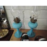 A pair of Casa Pupo, oil lamps with decorative chimneys in blue