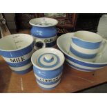 A selection of Cornish Kitchen ware including measuring jug, storage jars, jug and bowl