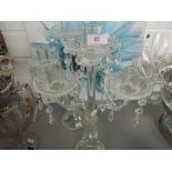 A Pair of glass three candle candelabrum