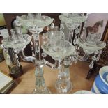 A Pair of glass three candle candelabrum