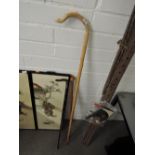 A selection of walking sticks and shepherds crook one bamboo with yellow metal clasp and horn