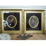 A set of two miniature Victorian portraits in elaborate velvet plaster and guilt frames