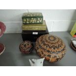 Three decorative treen boxes one labelled hand made by M Sadak Ali & Bros, and two decorated gourds