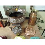 A selection of vintage and antique copper items including hand worked planter, jug, small kettle and