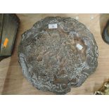 An early oriental very heavy copper coated tray possibly of Japanese influence depicting monks