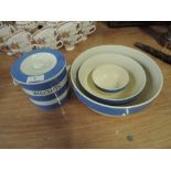 A vintage Cornish kitchen ware Biscuit barrel with similar bowls made in Denmark