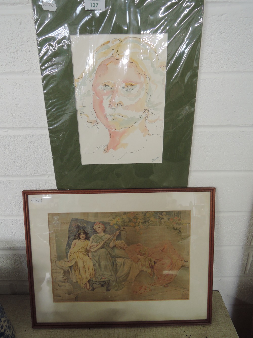 A watercolour portrait signed C. Hanley and print etc