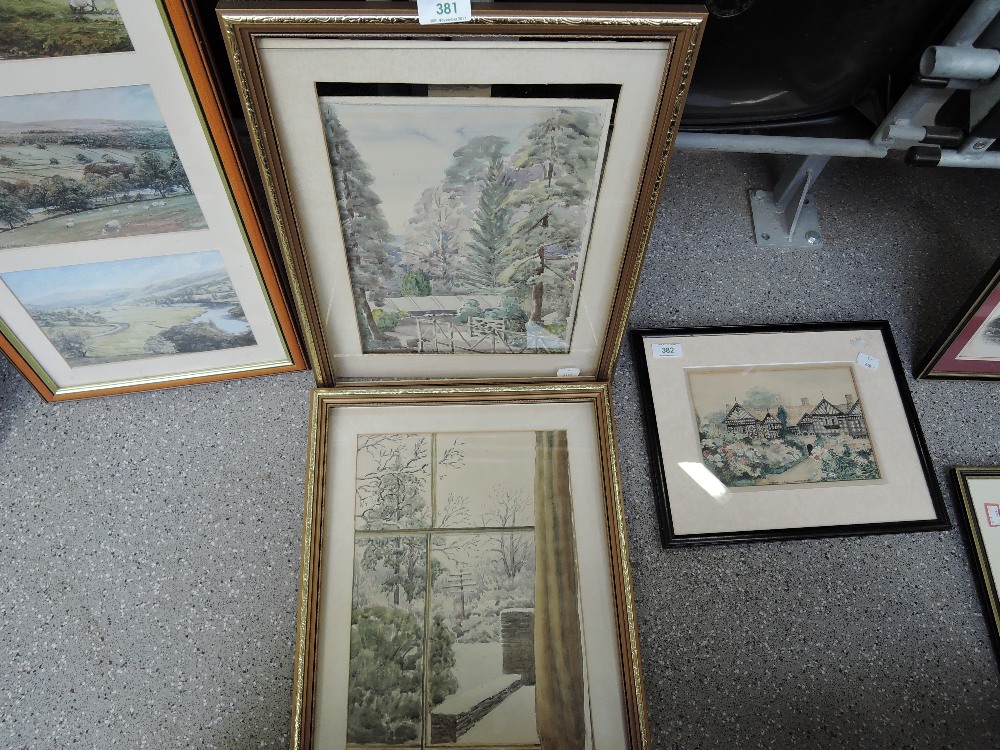 Two framed watercolours, a garden as seen through a window signed F Unsworth, and an unsigned