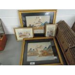 Two oriental framed scenes with watercolour and caulk relief