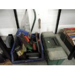 A selection of diy garage and work tools including large cast iron fitment, planes, trowl etc