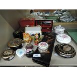 A selection of novelty and collectable trinket and jewellery cases and boxes ceramic treen etc