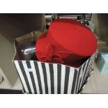 A lady's hat box containing four hats including red wool felt cloche and navy wedding hat by
