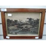 A small oriental needle work tapestry cross stitch depicting Chinese or Japanese abode