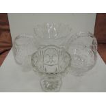 A selection of vintage cut and etched glass objects including flower basket, bowl etc