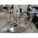 A small selection of silver plated ware including tea set, tray, cruet set etc