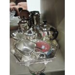 A selection of silver plated items including a butlers tray, picture frames and tea ware