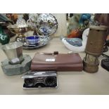 A selection of vintage collectable items including vintage shave set, foldable glasses etc