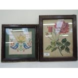Two vintage needle work tapestry one depicting red rose and other of two birds in love