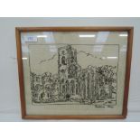 Two vintage needle work tapestry embroidery scenes one of Fountains Abbey, Rievaulx Abbey