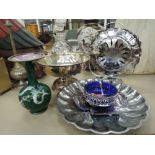 A selection of vintage plated and similar metal wares including blue glass sugar bowl