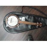 A vintage banjo having f holes to reverse, no labels, in Prince racquet case