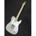 A Harley Benton (Fender Telecaster shape) electric guitar, pale pink finish, currently fitted with