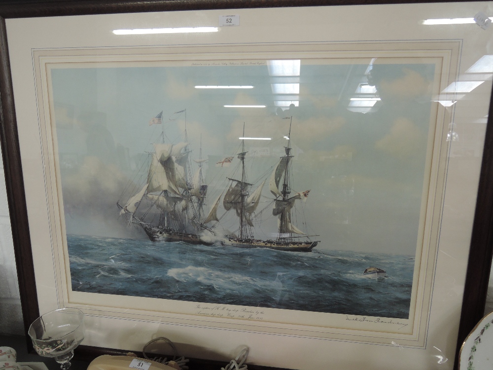 A print of 'The Capture of HM Big Sloop Reindeer by the American Ship Wasp 1814', after Derrick G