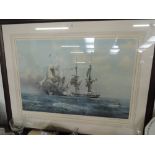 A print of 'The Capture of HM Big Sloop Reindeer by the American Ship Wasp 1814', after Derrick G